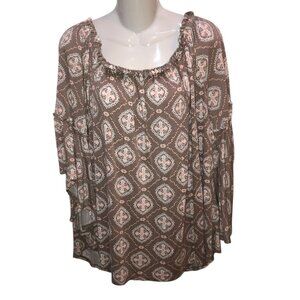Time Tru Womens Large Beige Pink Bell Sleeve Peasant Blouse Top Shirt L 12 14